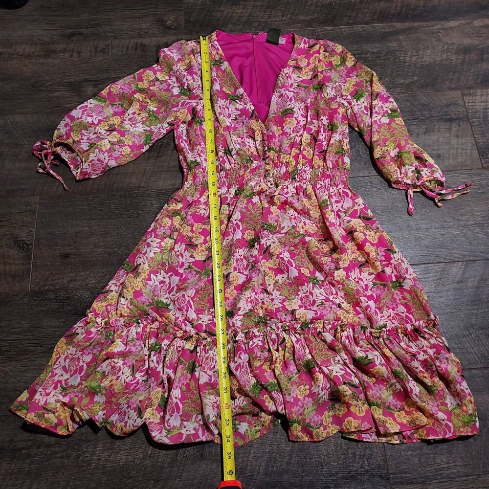 Fairycore Taylor Pink Floral 3/4 Sleeve V-Neck Button Ruffle Smocked Mini Dress - Picture 9 of 13